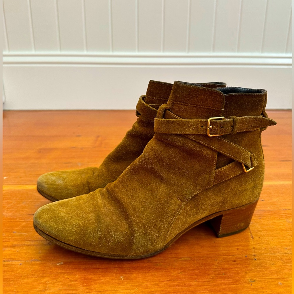 Saint Laurent | Blake Jodphur Suede Heeled Ankle Boots w/ Buckle Tan Size 38.5